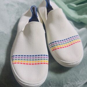 Rothy's Kids White Slip-On Sneakers with Rainbow Stitching